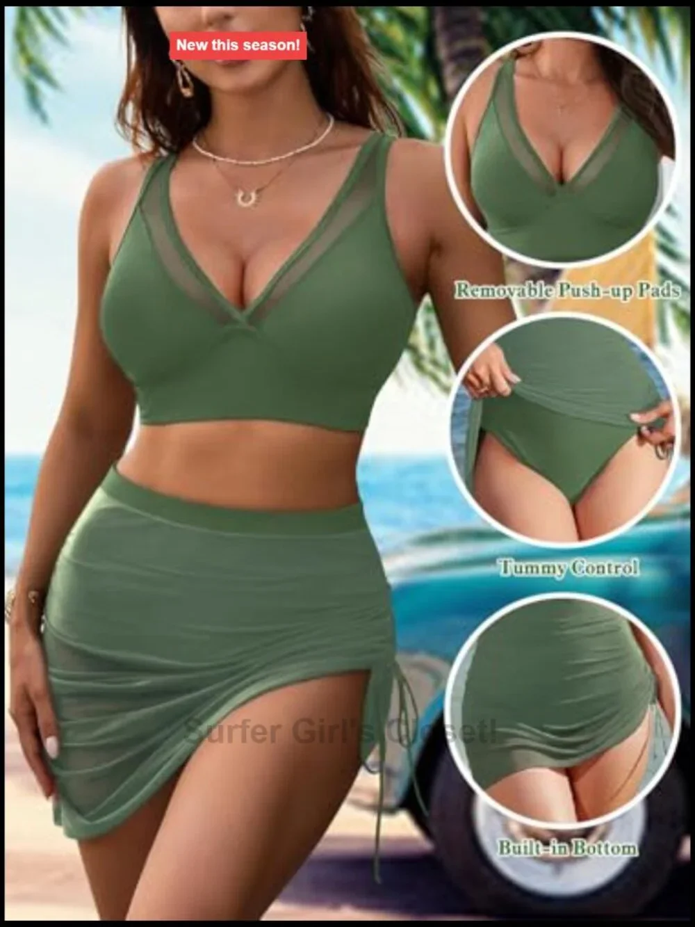High Waisted Bikini Set with Mesh Swim Skirt Tummy Control 2 Piece